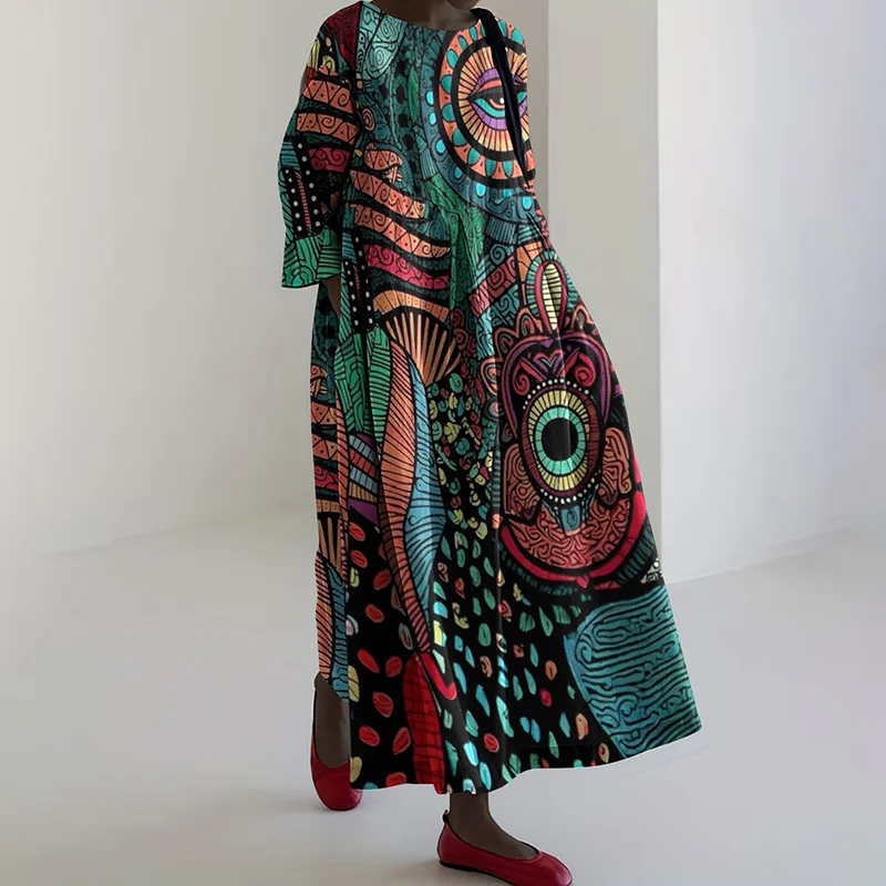 African Art Print Crew Neck Loose Midi Dress
