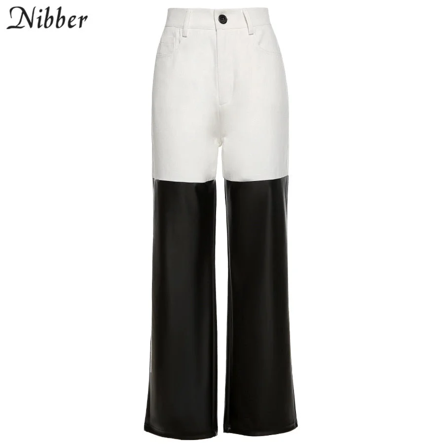 Nibber Punk Y2K Style Black White Patchwork Design Pants Women Straight High Waist Slim Leather trousers 2020 Autumn Casual Wear