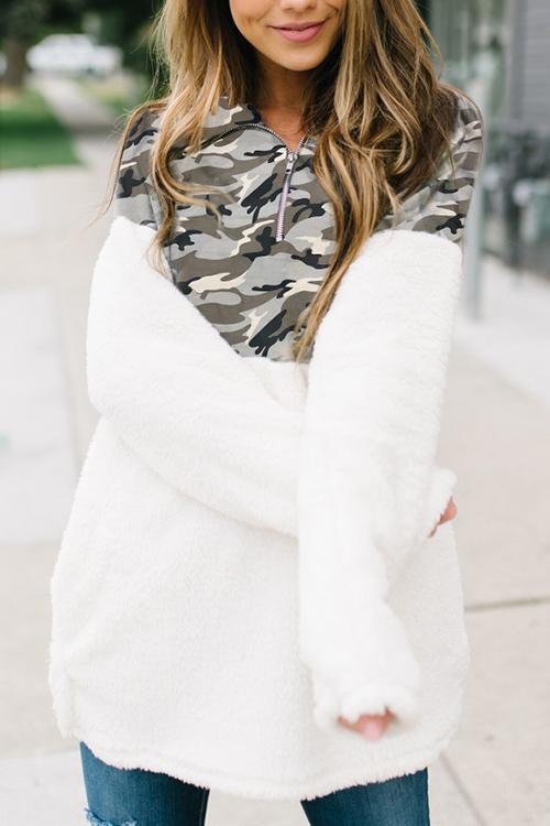 Camouflage Plush Patchwork Hoodie - Shop Trendy Women's Clothing | LoverChic
