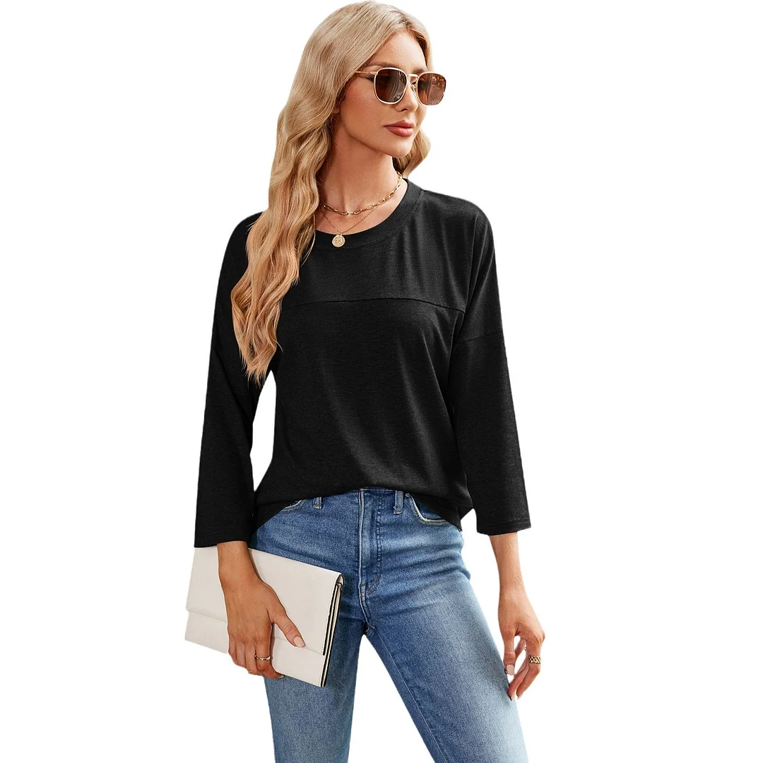 Uveng Solid Color Casual Sleeve Round Neck Blouses