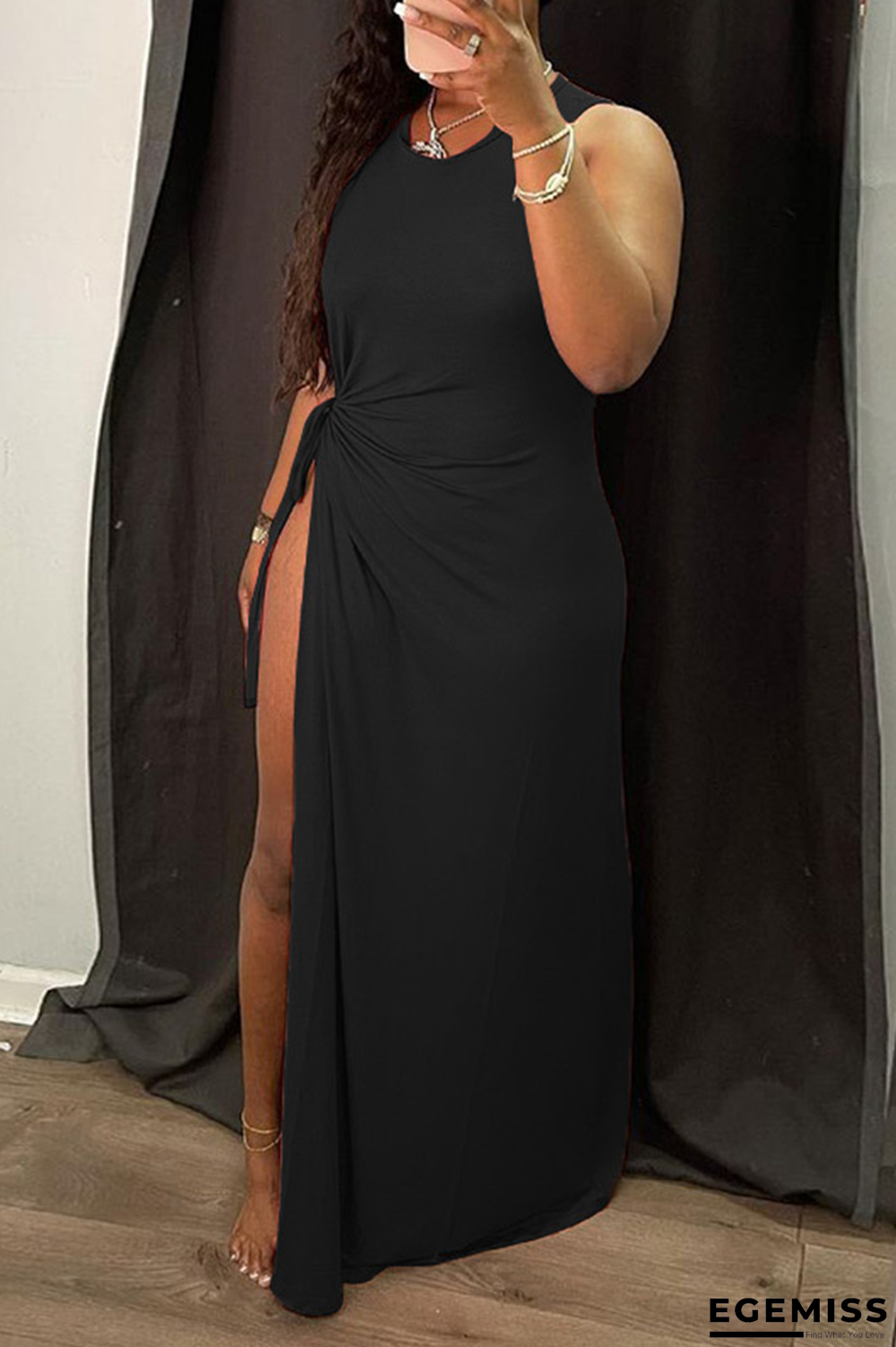 Black Sexy Solid High Opening O Neck Irregular Dress Dresses | EGEMISS