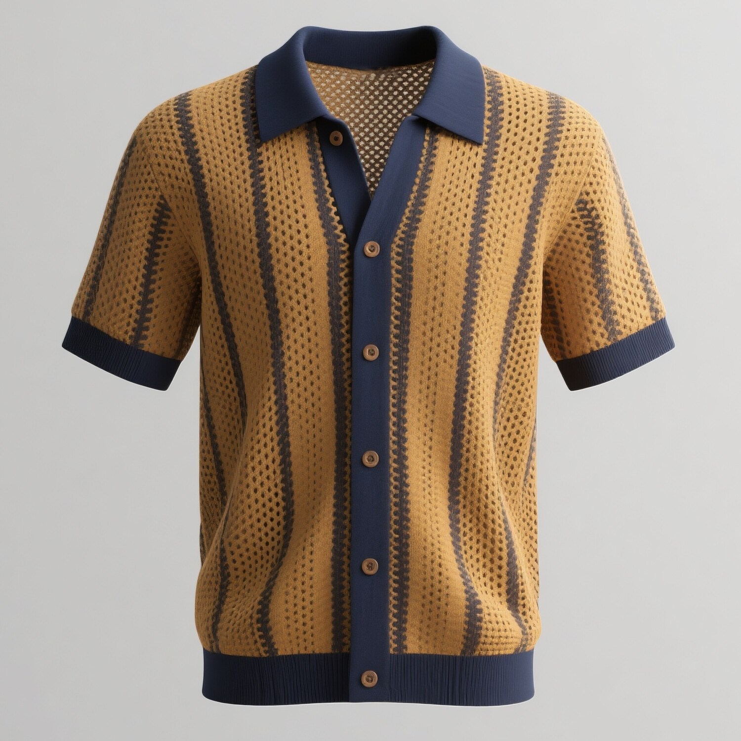 Men's Two Tone Striped Knit Hollow Out Turndown Collar Short Sleeve Shirt