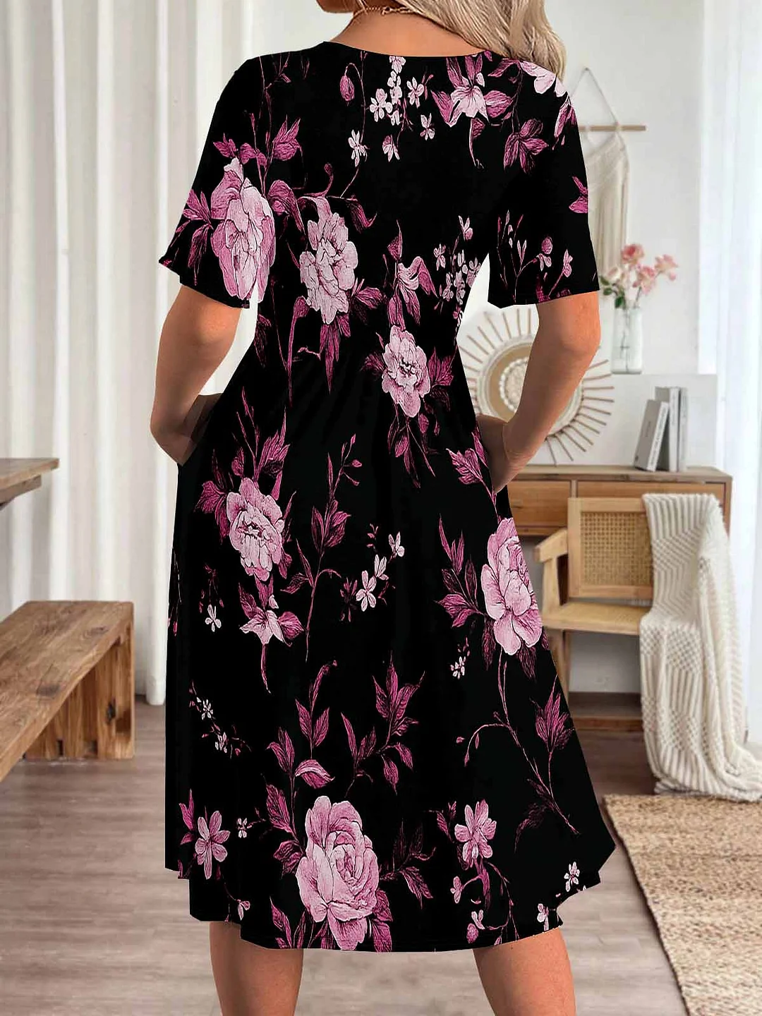 Women Floral,Pink DZHA8230 Short Sleeve Scoop Neck Graphic Printed Hollow Midi Dress