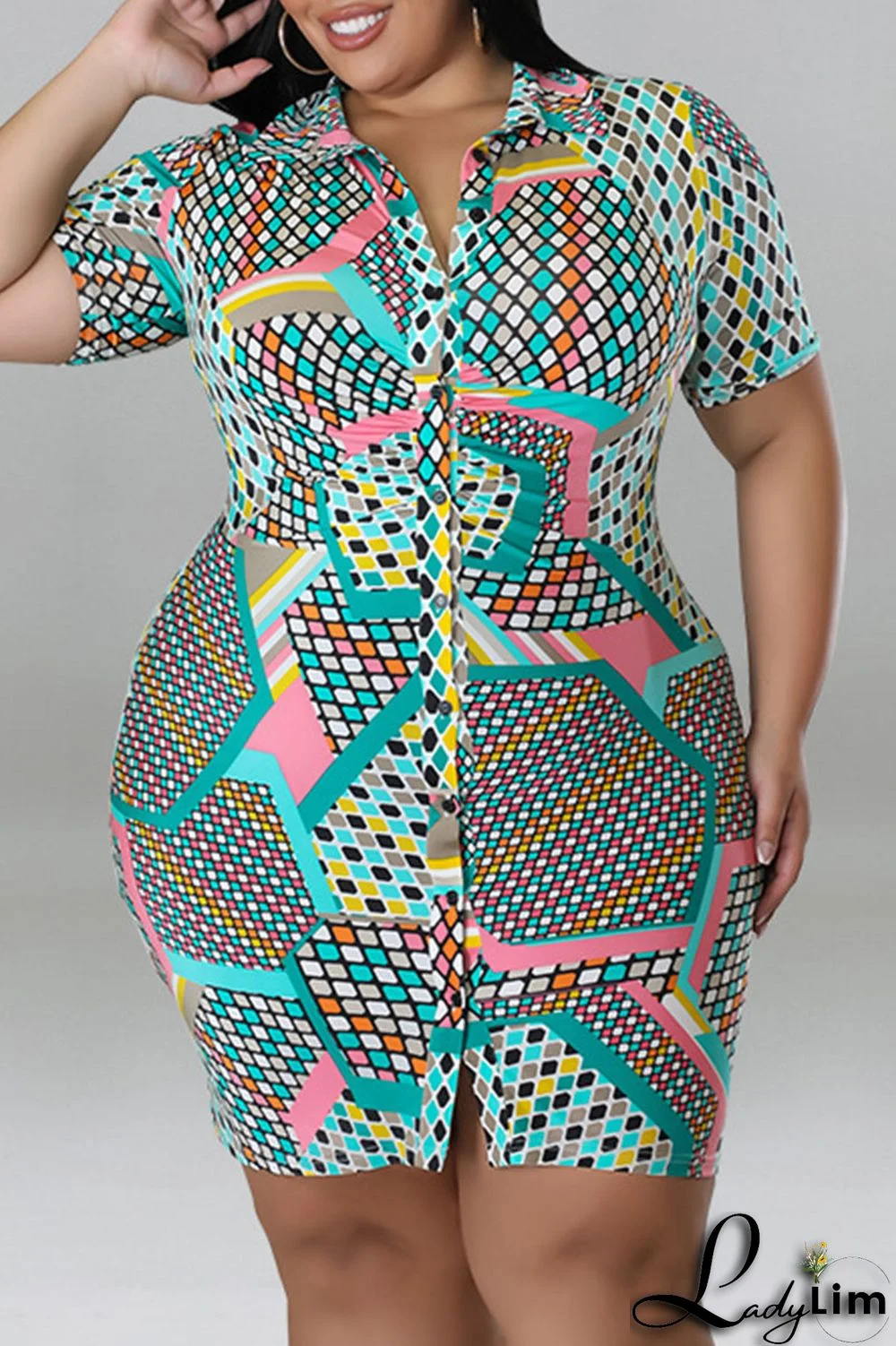 Blue Casual Print Patchwork Buckle Turndown Collar Shirt Dress Plus Size Dresses