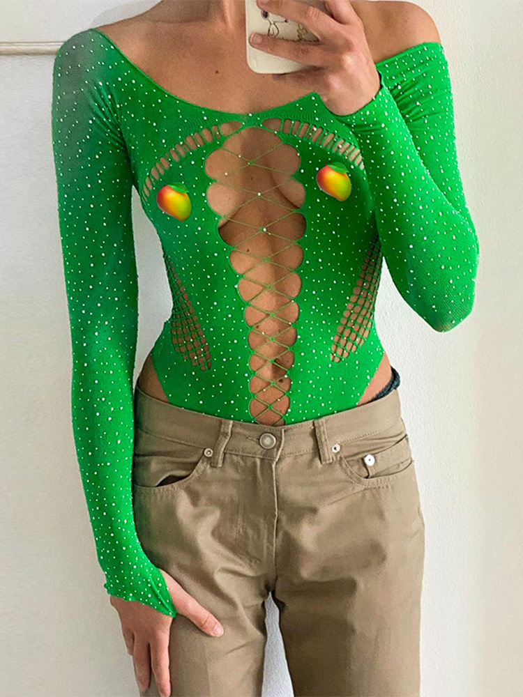 See Through Sparkly Mesh Bodysuit Women Long Sleeve Rhinestone Body Tops Hot Drill Female Party Nightclub Sexy Lingerie