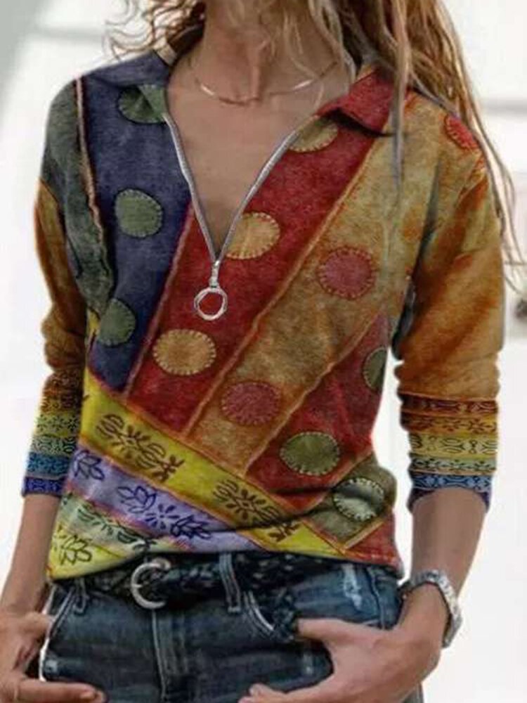 Ethnic Printed Long Sleeve V neck Zip Front Blouse For Women P1759916