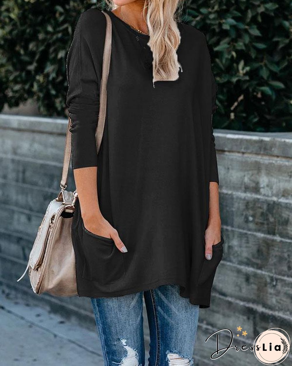 Plus Size Women Cotton Plain Color Pockets Long Sleeve Top