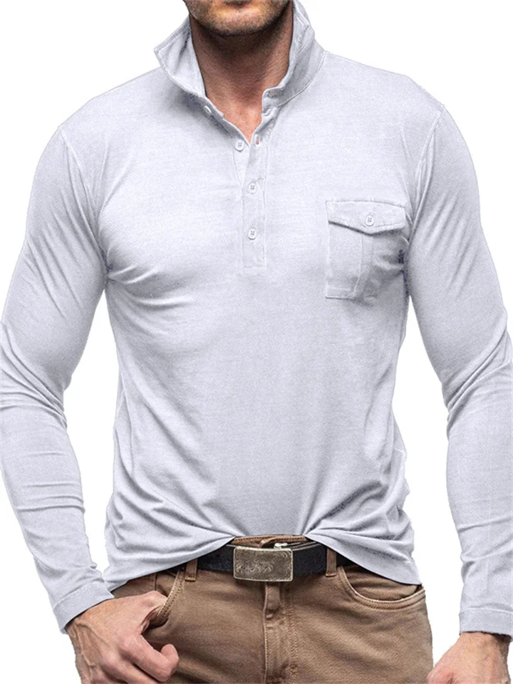 Daily Outdoor Lapel Men's T-shirts Basic Public Men's Solid Color Long-sleeved Polo Shirt S-XXL-Cosfine