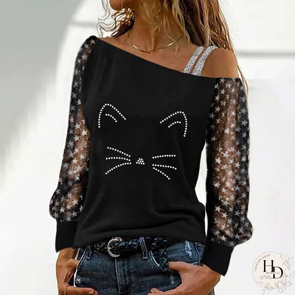 Starry Sleeve Rhinestone Black Top
