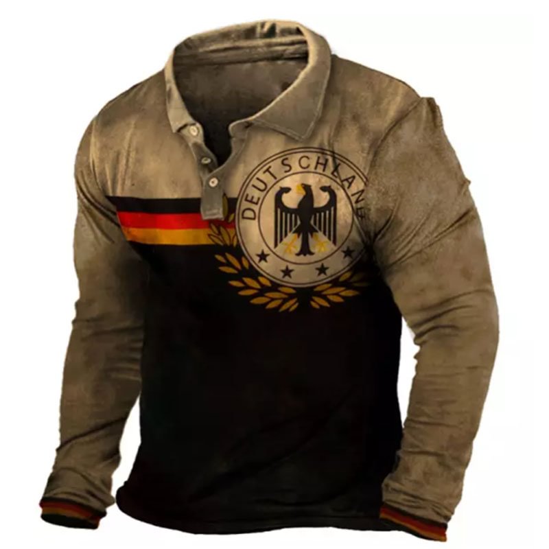 Men's Deutschland Print Long Sleeve Causal Polo Shirt