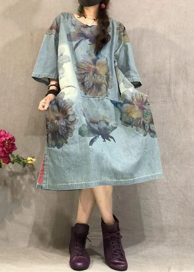 VCSHOES Loose Blue O Neck Print Side Open Denim Dress Summer