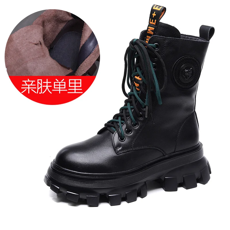 Yyvonne Layer Of Cowhide Martin Boots Autumn And Winter Plus Velvet Warm New Pine Cake Bottom Zipper Locomotive Boots