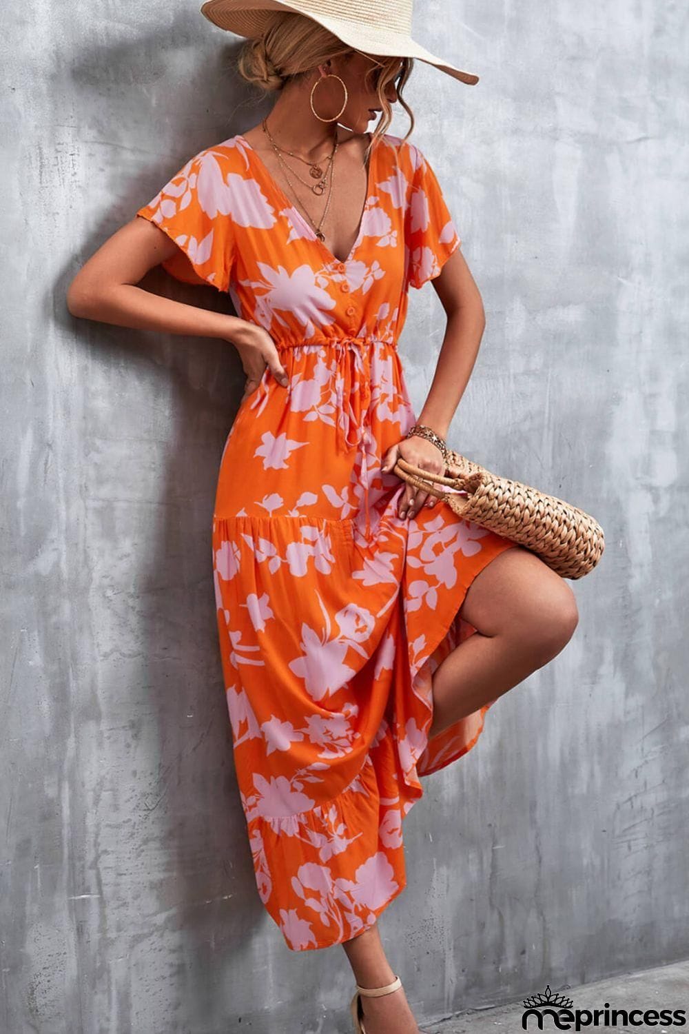 Floral Buttoned Drawstring Waist Tiered Dress