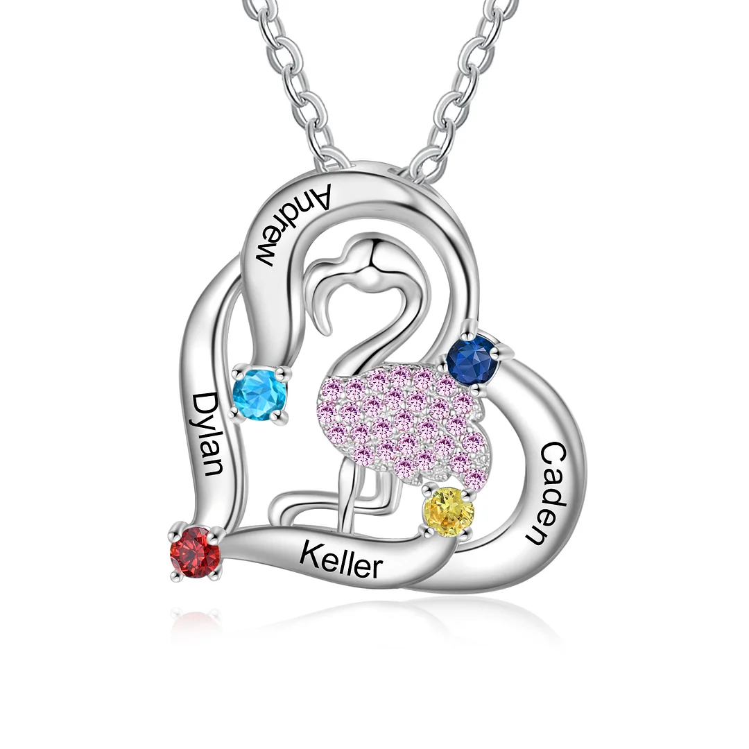 Flamingo Necklace Personalized 4 Birthstones and Names Women Necklace
