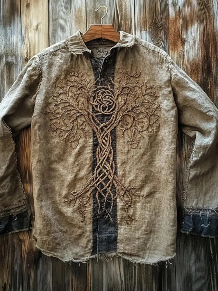 Viking Inspired Tree Of Life Embroidered Contrast Color Linen Shirt