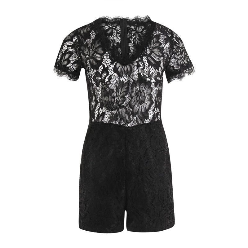 Lady Sheer Lace Floral Sexy Women Playsuit Jumpsuit Hot Summer V Neck Short Sleeve Bodycon Romper Chic Party Outfits Clothes set