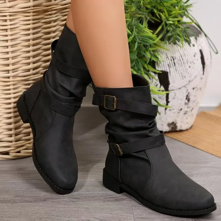 Breakj Breakj Autumn And Winter Martin Boots Belt Buckle Large Size Cylinder Cylindrical Women's Leather Boots