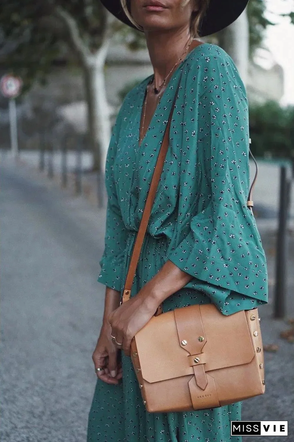 Elastic Waist High Slit V-Neck Dress