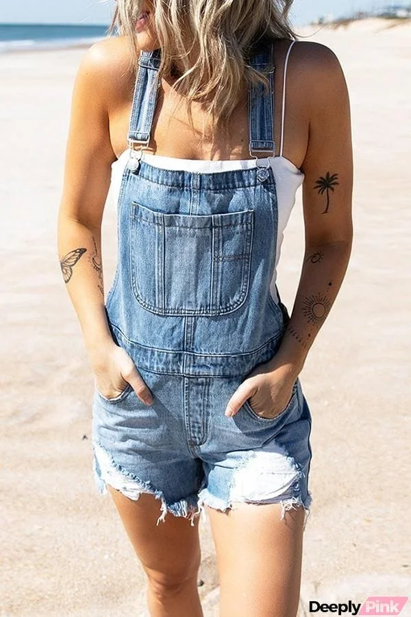 Casual Ripped Pocket Denim Overalls