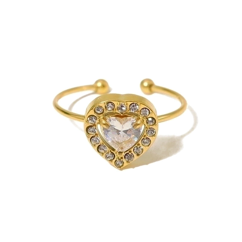 Vintage Style Heart Shape 304 Stainless Steel Titanium Steel Zircon 18K Gold Plated Plating Inlay Open Rings