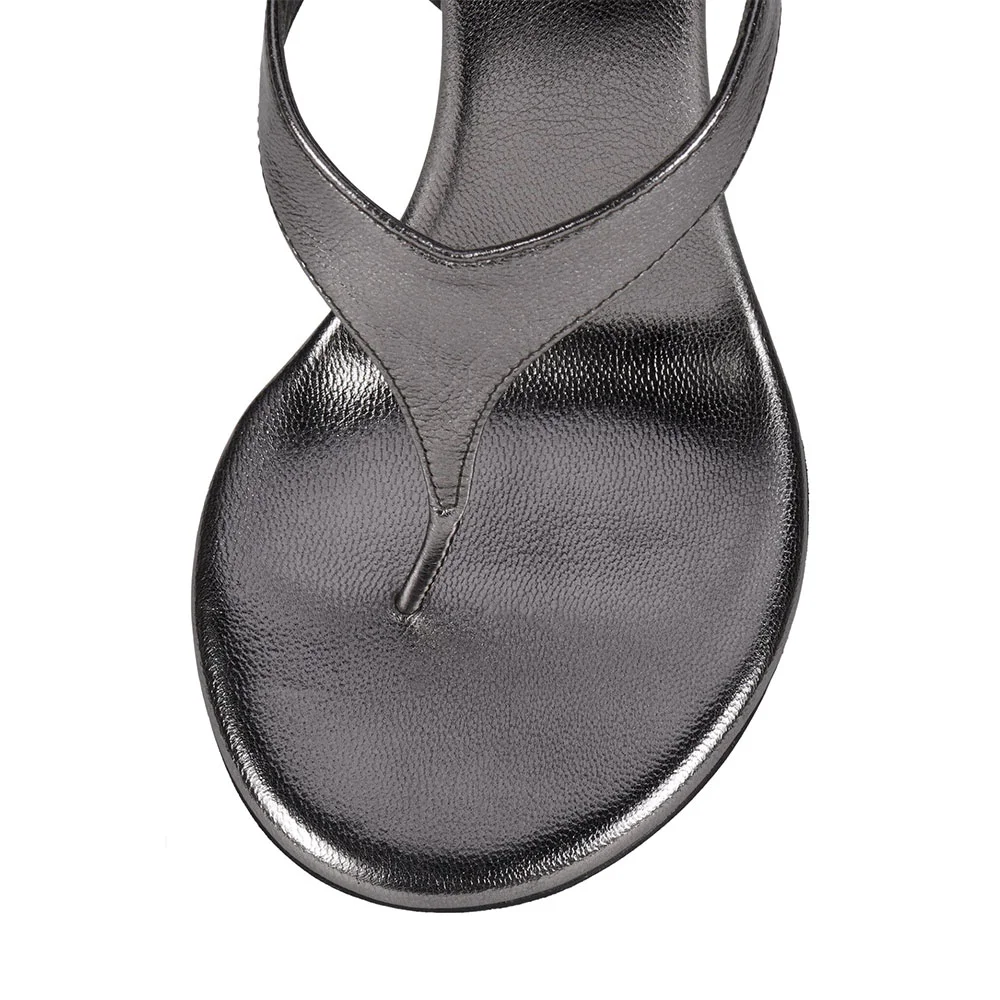 Grey Metallic Open Round Toe Comfy Flip Flops Heeled Sandals
