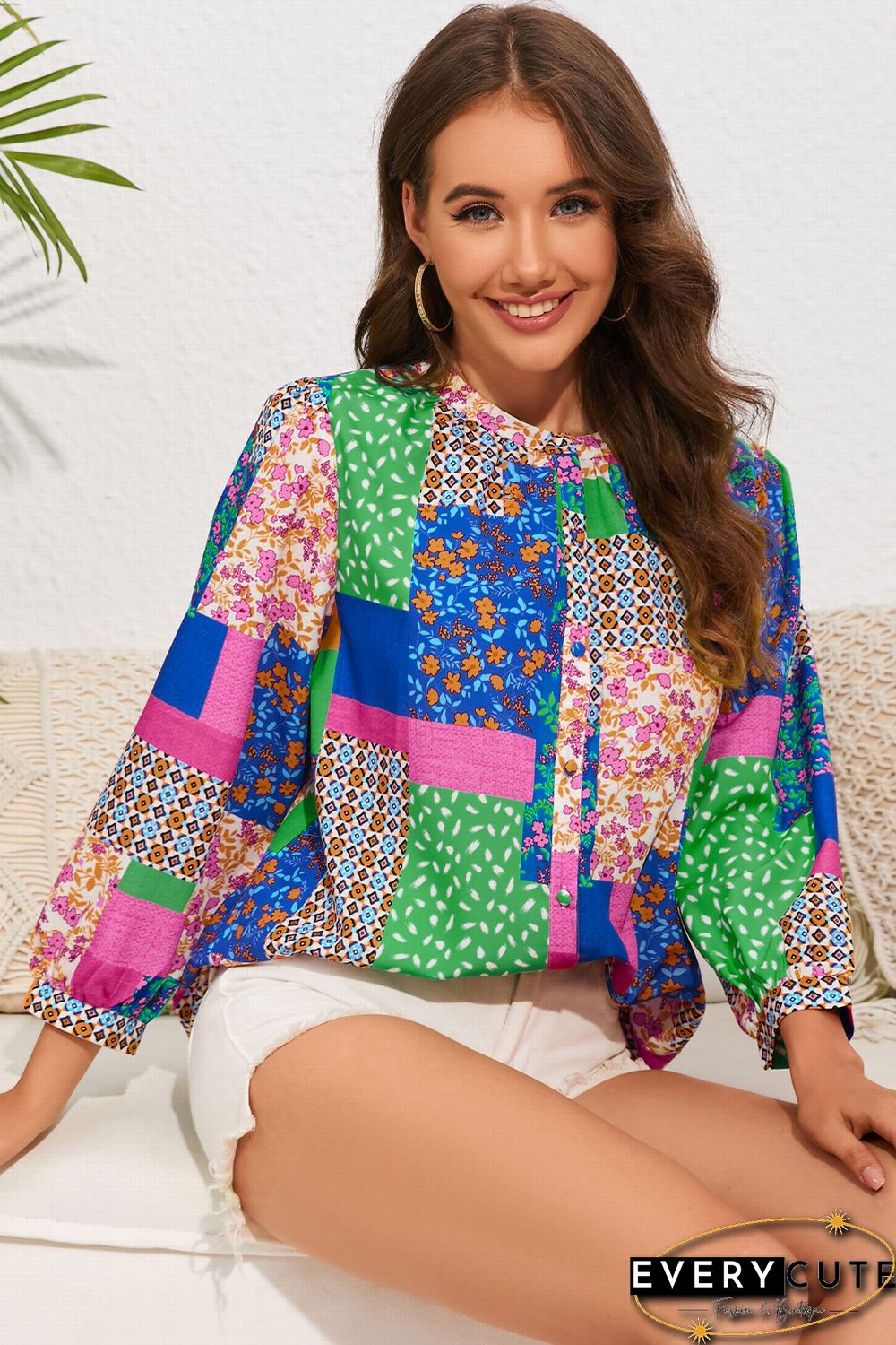 Multicolor Floral Patchwork Print Buttoned Puff Sleeve Shirt