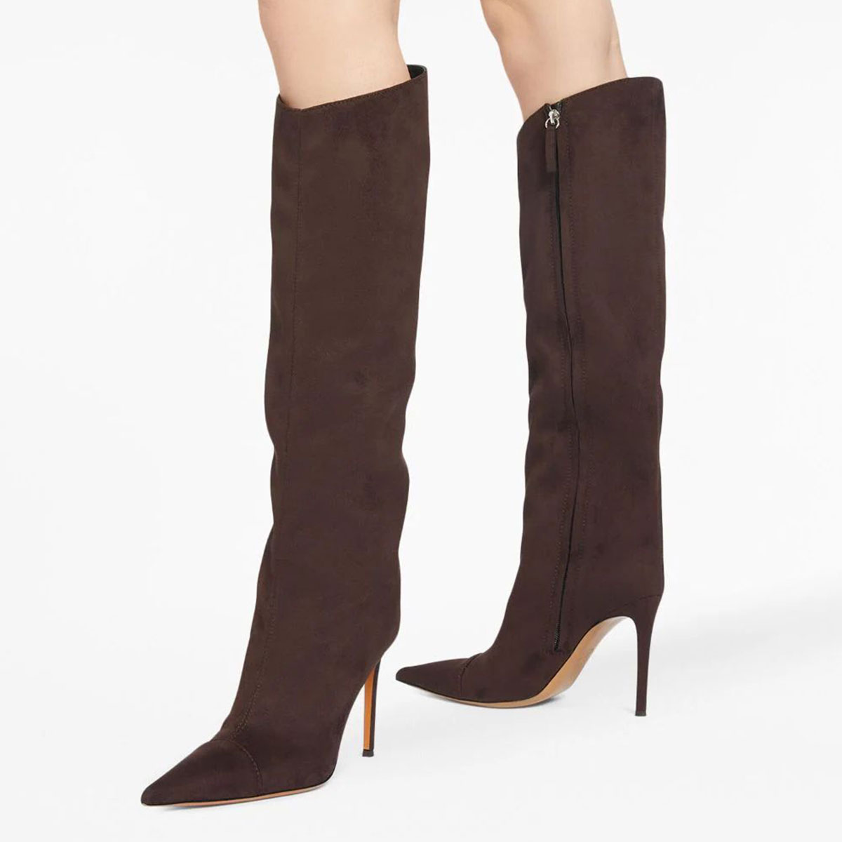Brown Pointed Toe Stiletto Heel Knee High Boots with Side Zipper Nicepairs