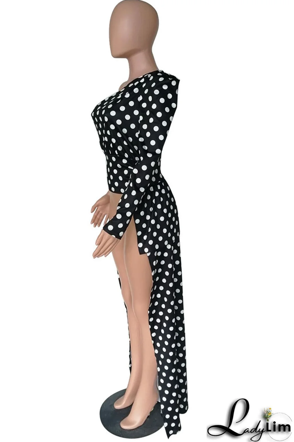 Black Sexy Print Leopard Split Joint Fold Asymmetrical Oblique Collar Dresses