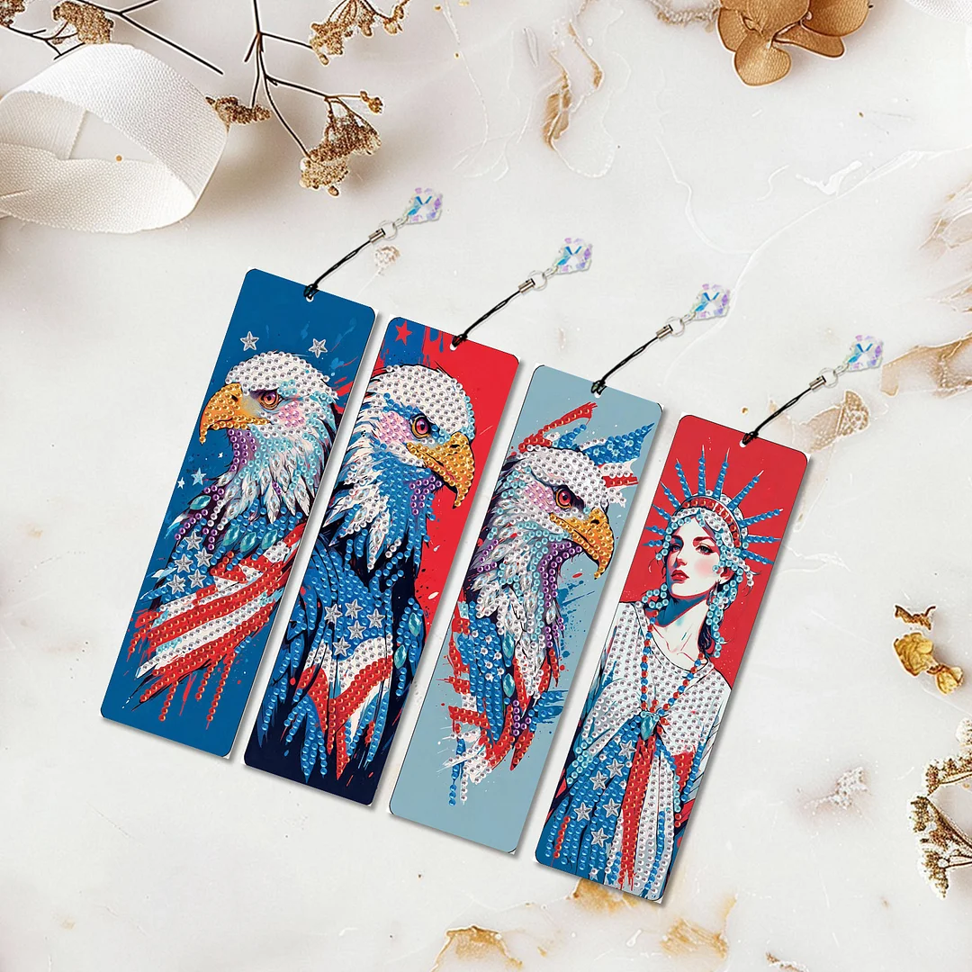 4Pcs Statue of Liberty and Eagle DIY Diamond Bookmark Art Projects Irregular Shaped Diamonds Diamond Painting Art Bookmarks with Crystal Pendants for DIY Making Beginners Adult Art Craft Supplies