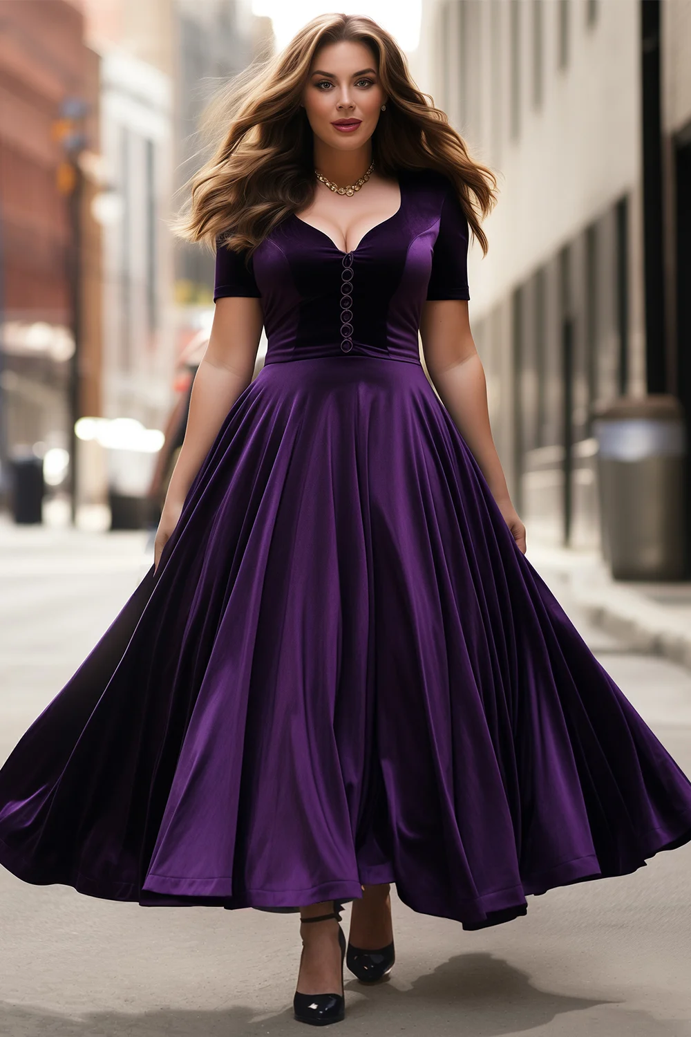 Flycurvy Plus Size Wedding Guest Grape Velvet Button Short Sleeve Maxi Dress-  Flycurvy