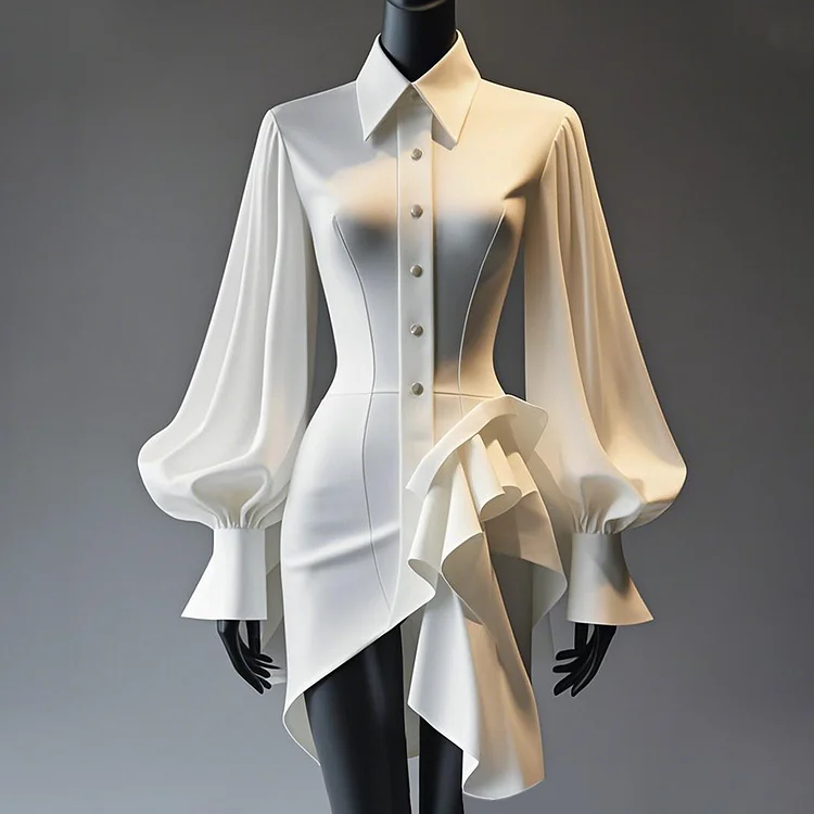 Ursime Button Lantern Sleeve Irregular Hem Shirt Mini Dress