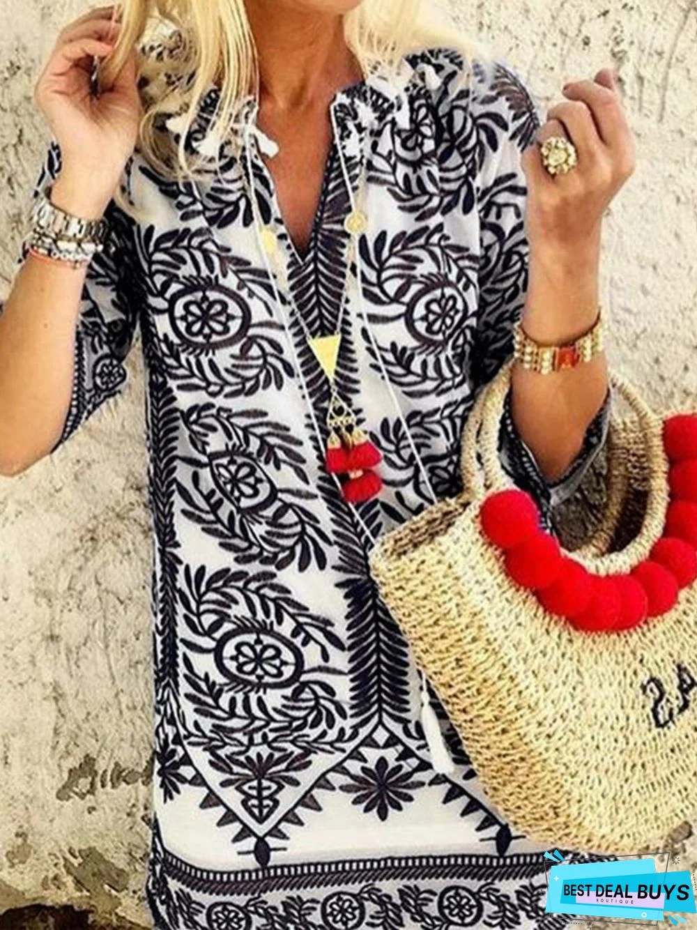 Half Sleeve Boho Vintage Casual Shift Weaving Tunic Dress