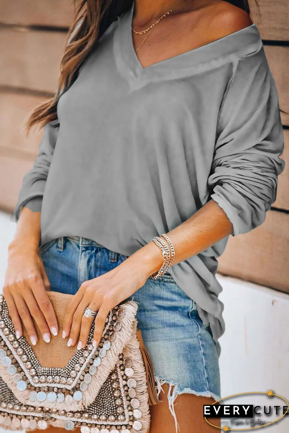 Gray V Neck Casual Long Sleeve Top