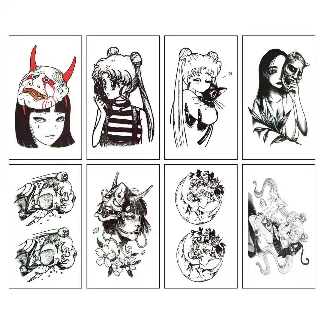 8pcs Temporary Tattoo Devil Mask Japanese Geisha Ukiyo-e Gril Body Art Water Transfer Fake Tatoo Flash Tatto Sticker Men Women