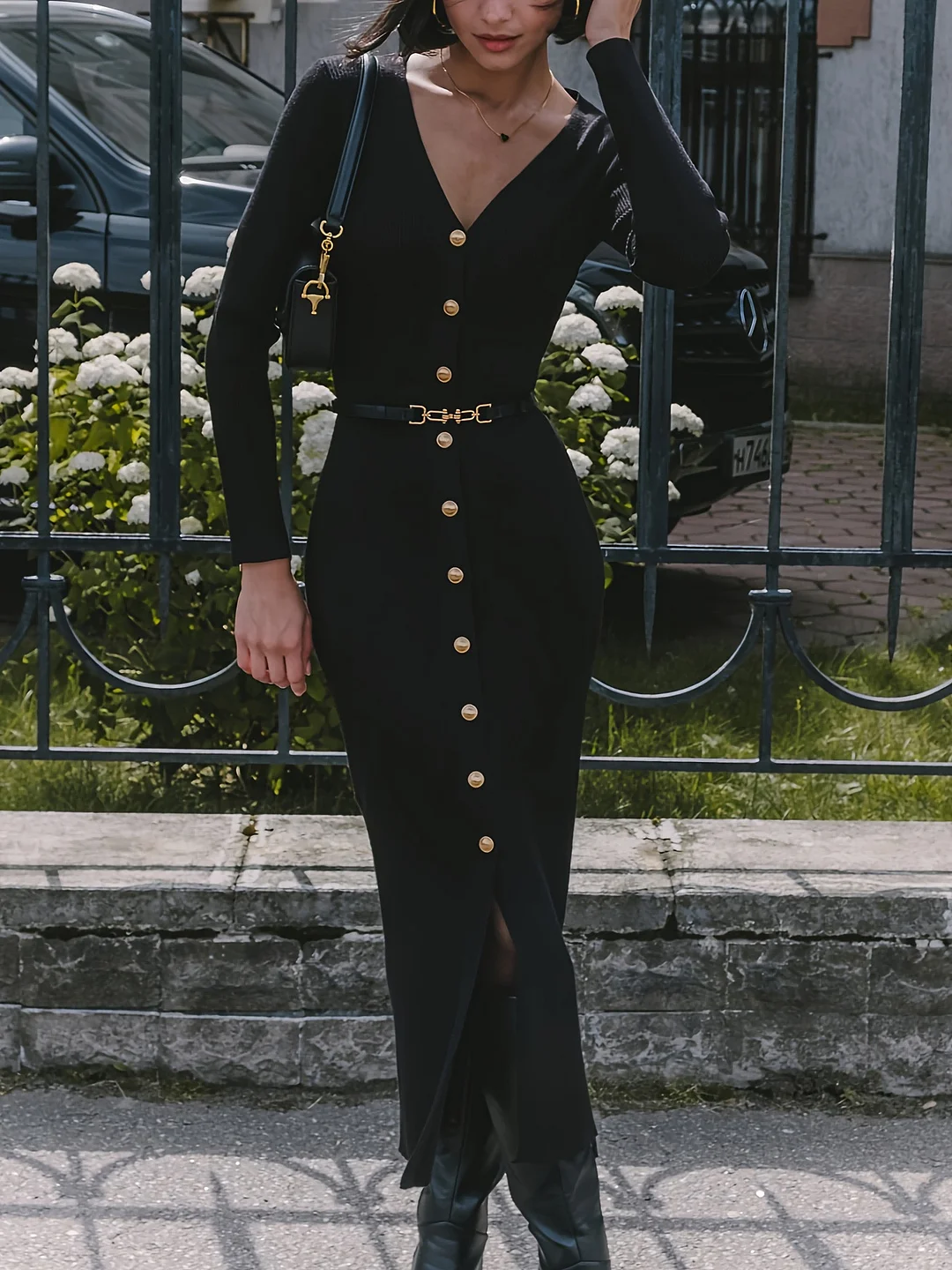 Nigikala Nigikala Women's Delicate High-End Front Buckle With Belt Knitted Dress