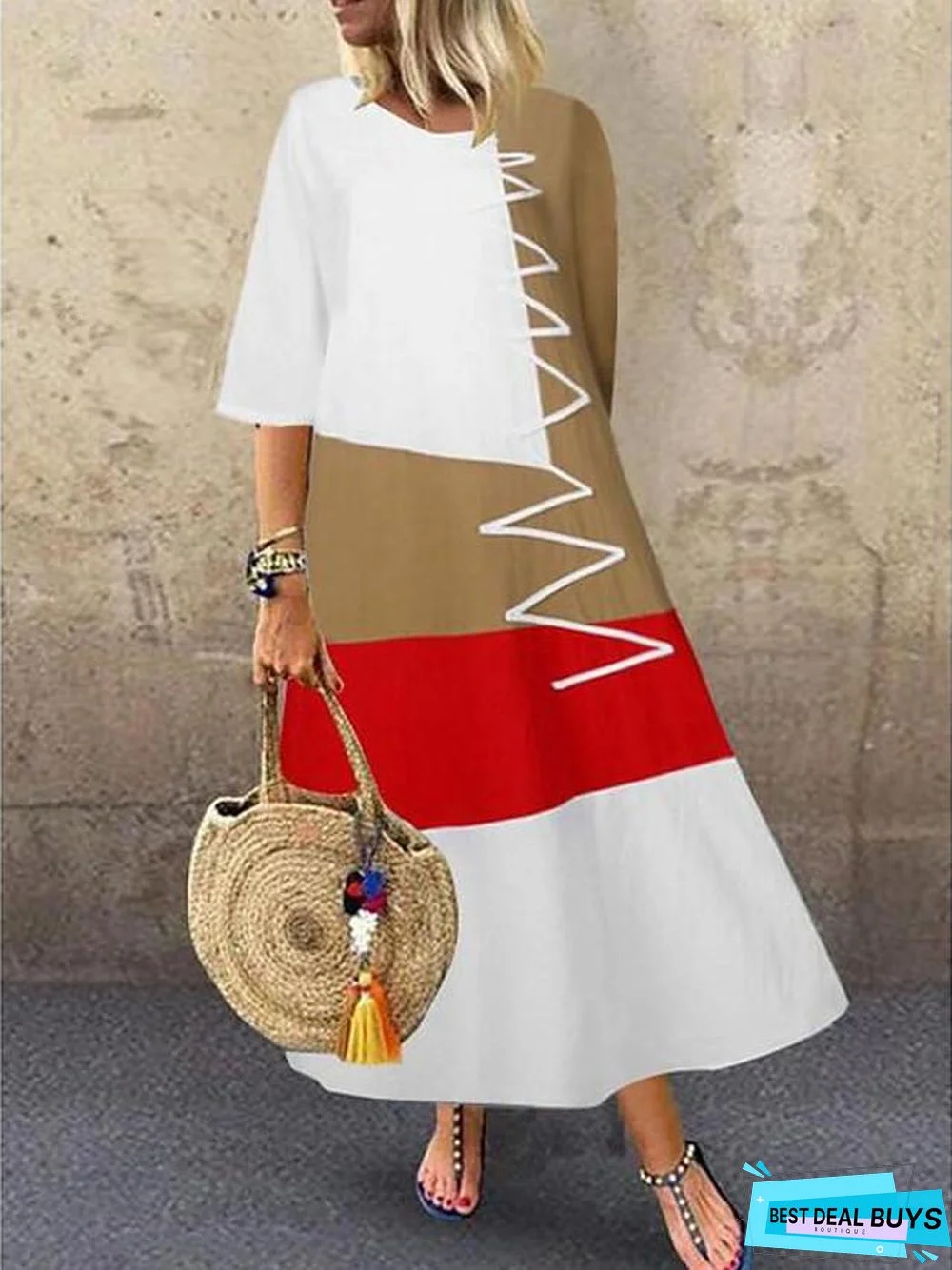 Women's Swing Dress Maxi Long Dress Half Sleeve Color Block Patchwork Summer Hot Casual Cotton White Red Khaki Gray White Dresses