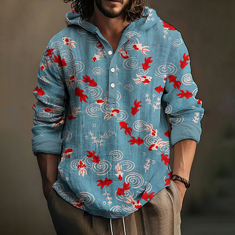 menweary Japanese Art Gold Fish Button Linen Blend Casual Hoodie