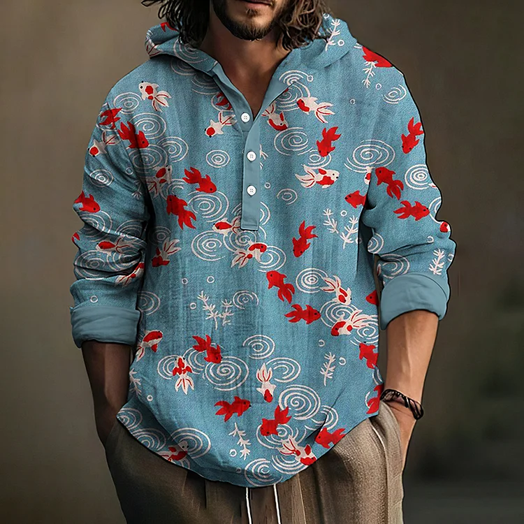 Japanese Art Gold Fish Button Linen Blend Casual Hoodie