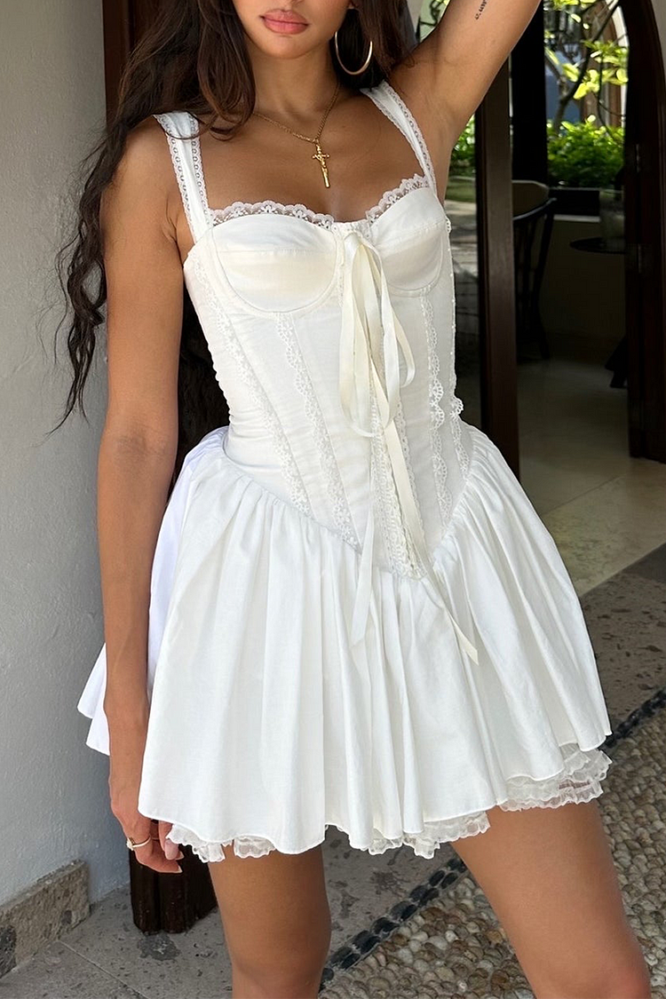 Lace Trim Tie Up Corset A-Line Mini Slip Dresses-White [Pre Order]