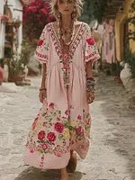 Women's Pink Rose Embroidery V-neck Short Sleeve Loose Linen Blend Midi Dress