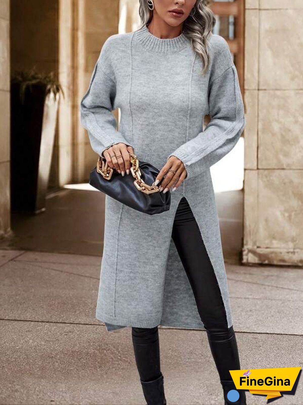 Grey Plain Round Neck Sweater
