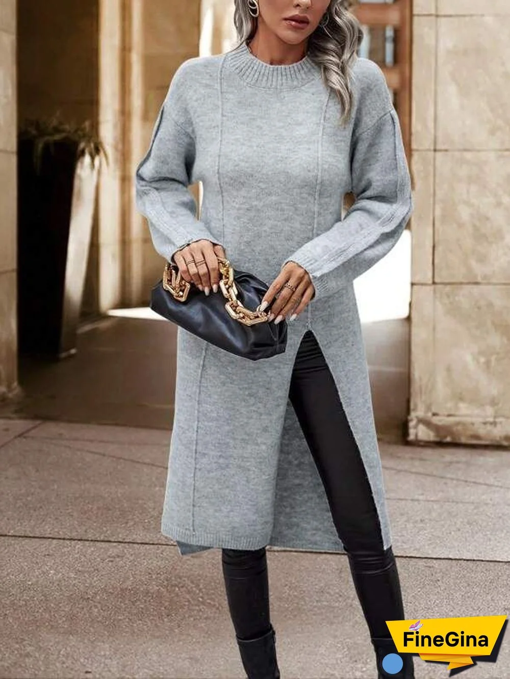 Grey Plain Round Neck Sweater