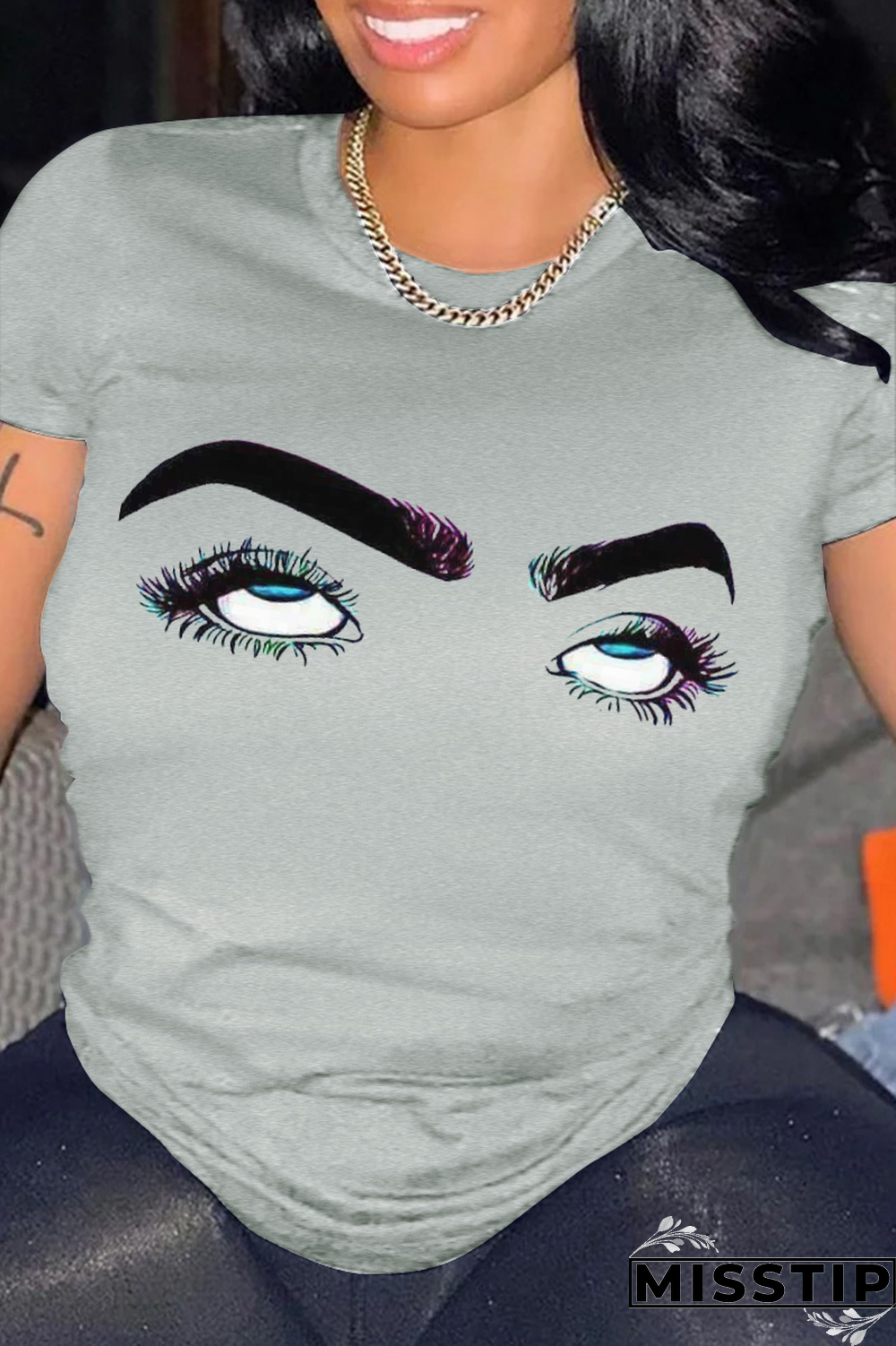 Navy Blue Street Print Patchwork O Neck T-Shirts