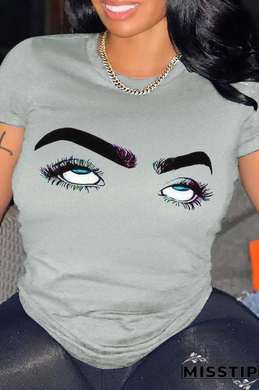 Navy Blue Street Print Patchwork O Neck T-Shirts