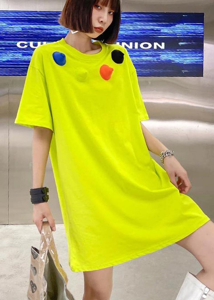 Loose Fluorescent Green Cotton O-Neck Half Sleeve Summer Dress