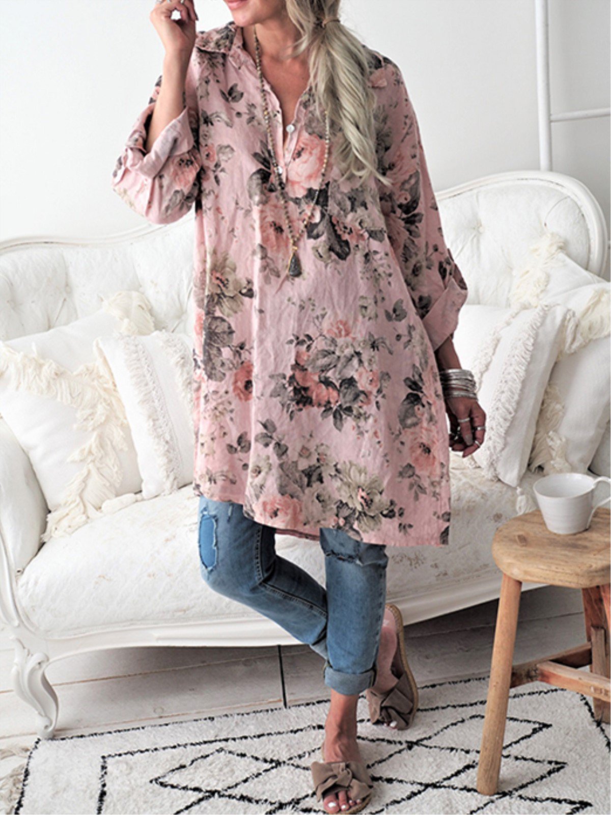 Plus Size Casual Tops Floral Printed Buttoned Long Sleeve Shirt Blouse