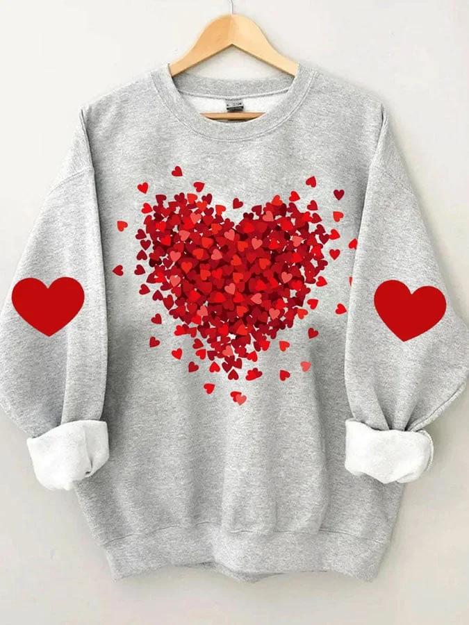 Ladies Heart Print Round Neck Long Sleeve Sweatshirt