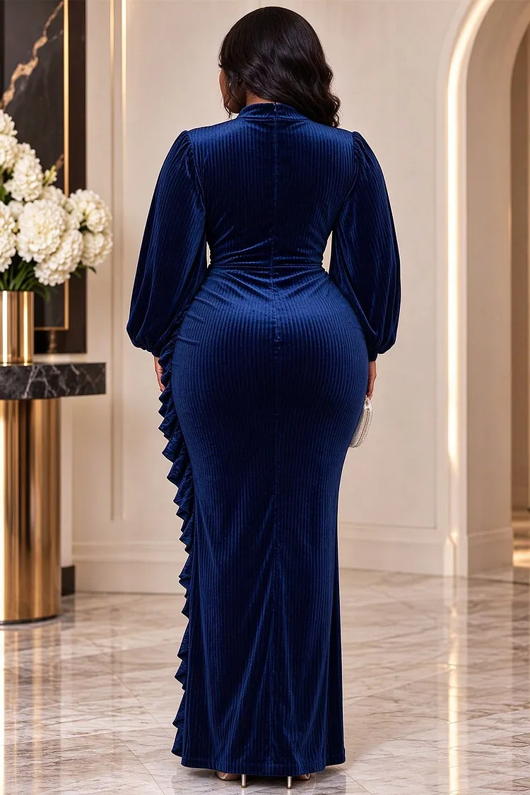 Xpluswear Design Plus Size Formal Navy Blue Stand-Up Collar