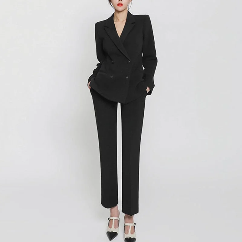 Fashion 2 Piece Set Women Blazer Set Double-Breasted Slim Jacket Pants Suit Office Ladies Work Female Suit
