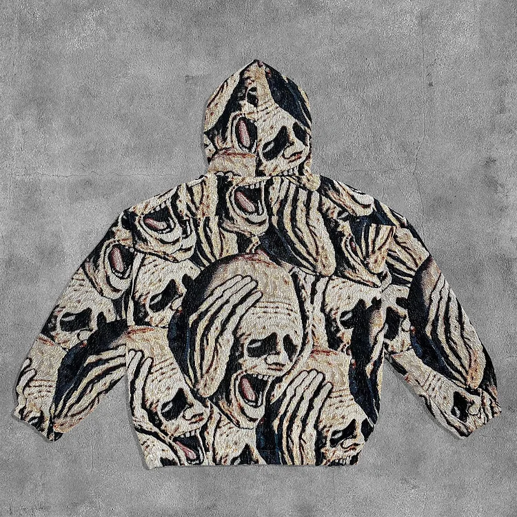 Retro Please Stop The Noise Graphic Print Casual Street Tapestry Knit Hooded Sweater